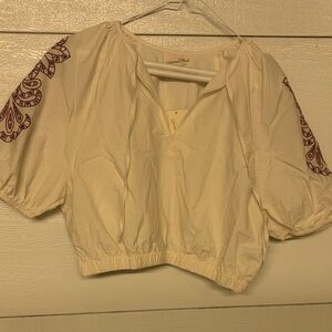 Universal Thread Ivory Cropped Peasant Top with Maroon Sleeve Embroidery
